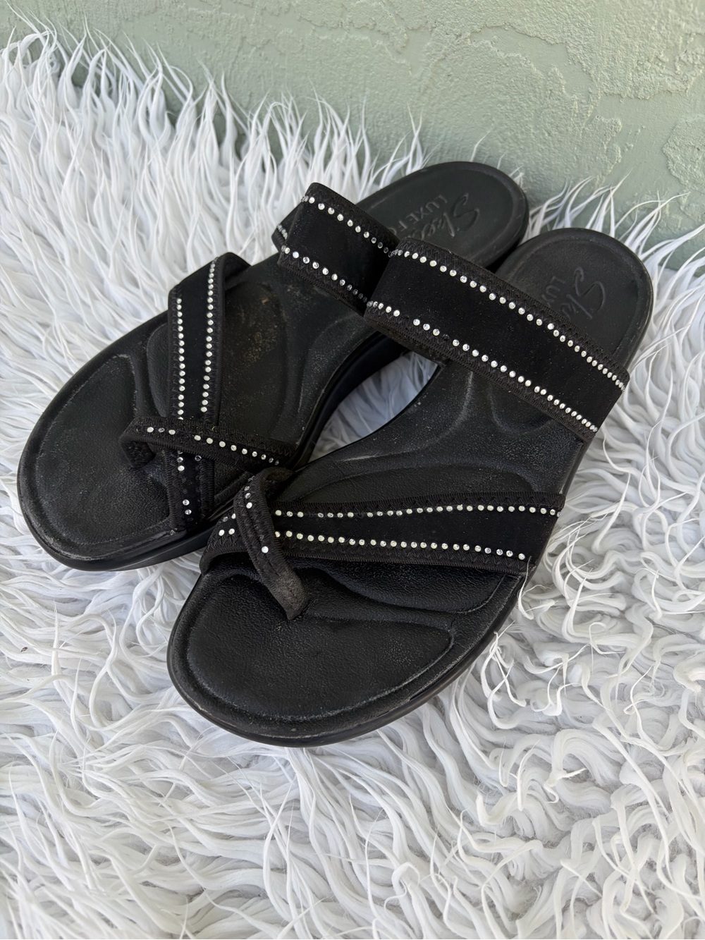Skechers Black Slip-On Sandals with Rhinestone Straps Sz 8